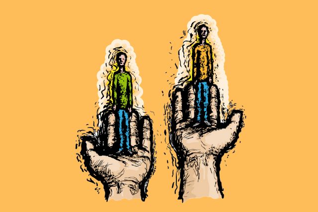 "Illustration of two brown-skinned figures standing on separate hands, symbolizing individual value and the importance of self-appreciation over comparison."